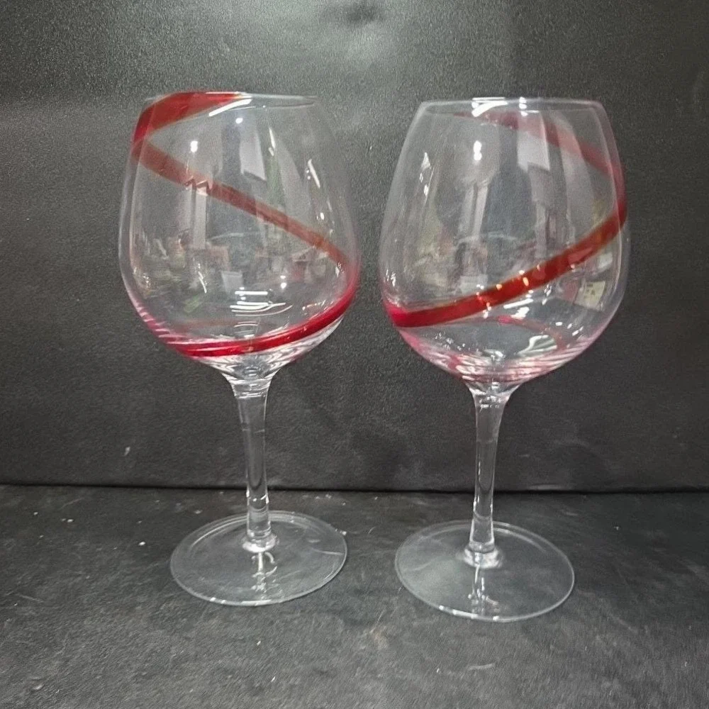 Pier 1 Red Swirline Balloon Wine Glasses, Set Of 2, Vintage Stemware Replacement